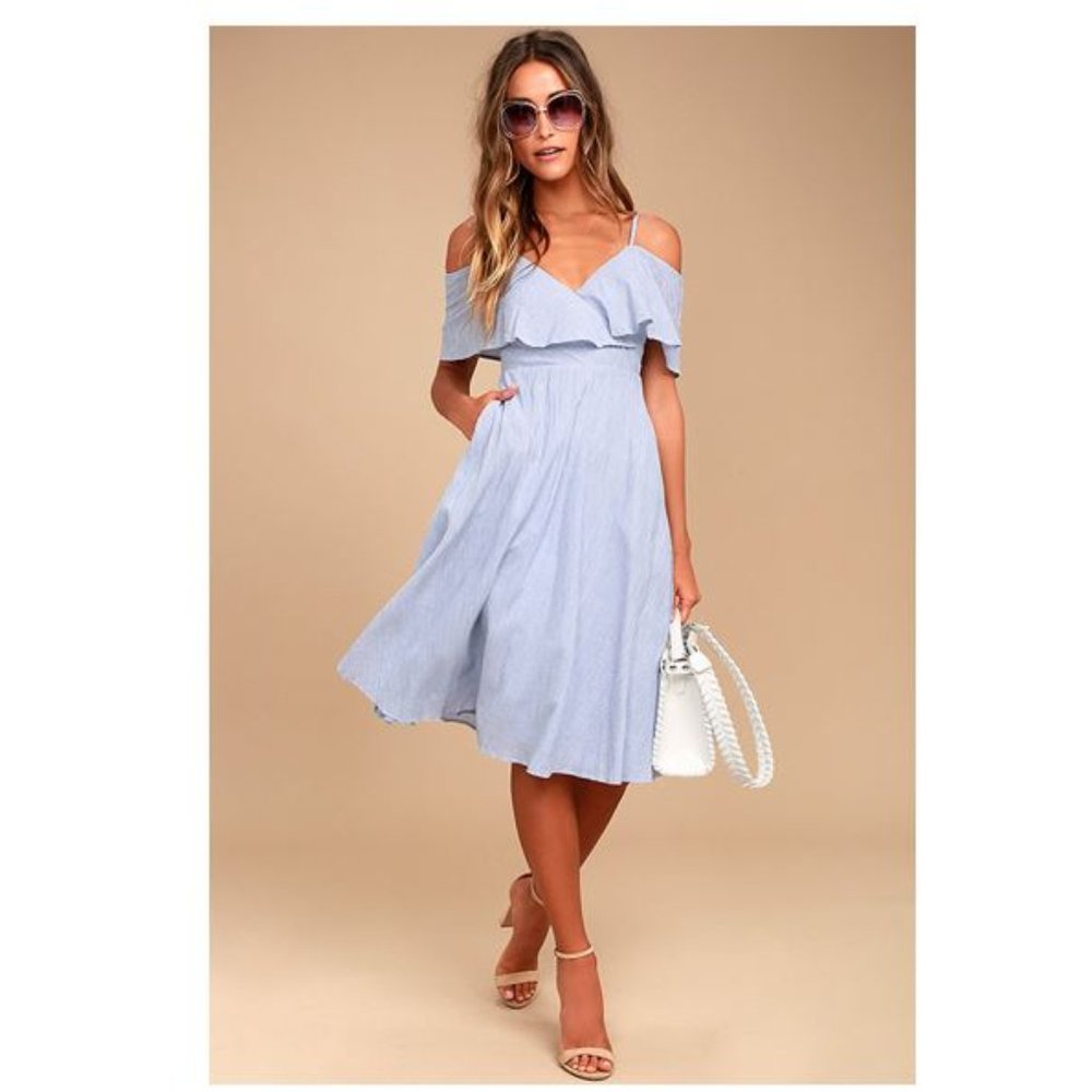Yacht Rock Blue and White Striped Off-the-Shoulder Midi Dress